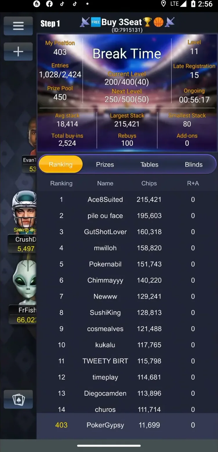 Cash game lobby inside a PokerBros club