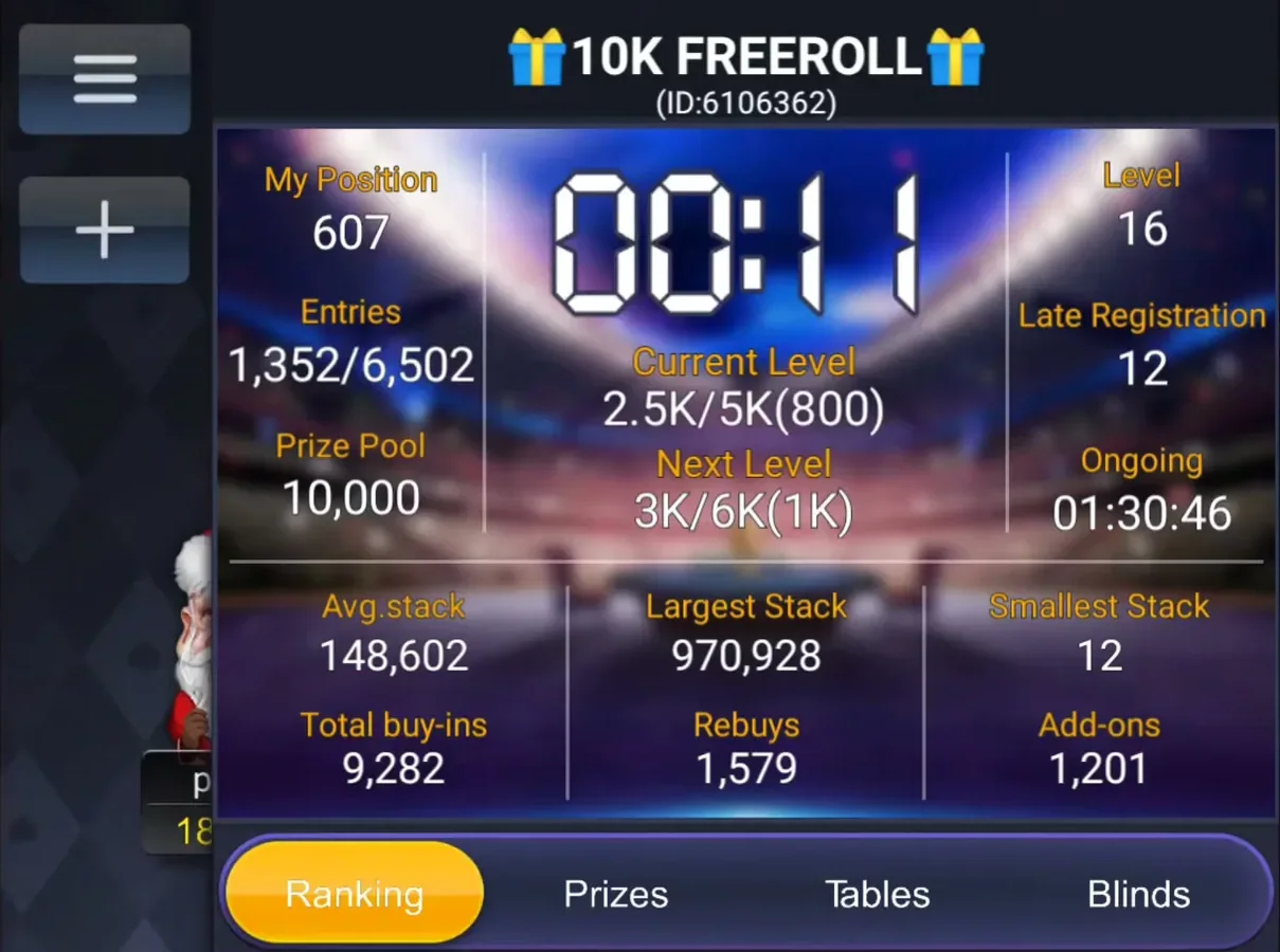 A freeroll tournament lobby with prize pool and structure