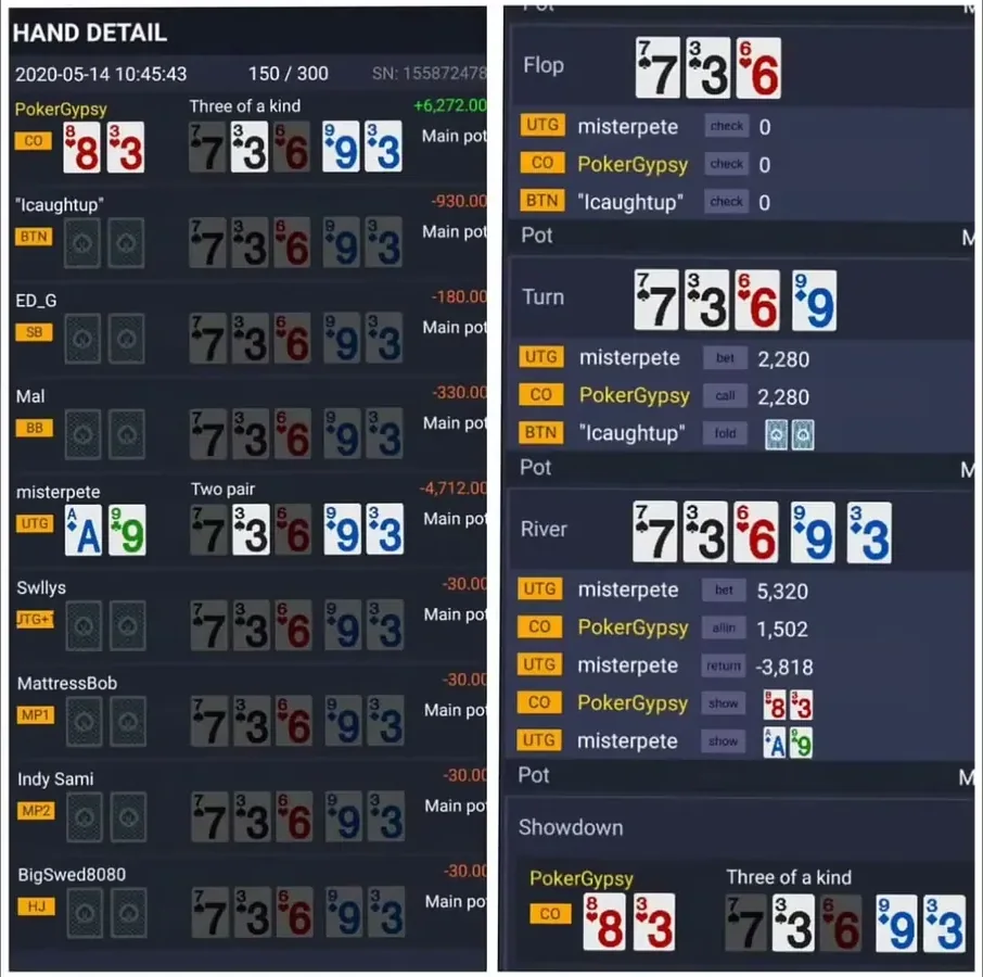 Full hand history: every player, every card, every action