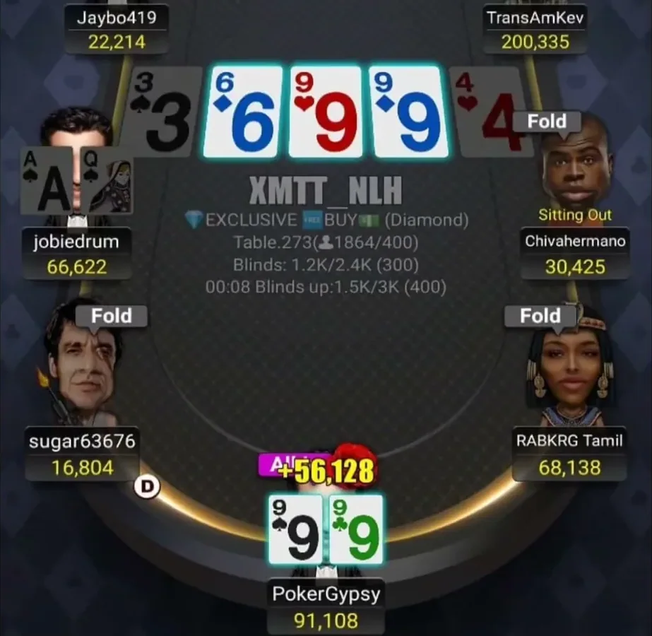 Multi-table tournament in progress, blinds and stacks on screen